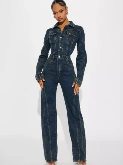 Long Sleeve Denim Jumpsuit For Women - Dark Wash Vintage Button Up Wide Leg Bodycon Playsuit - Spring Streetwear 2026