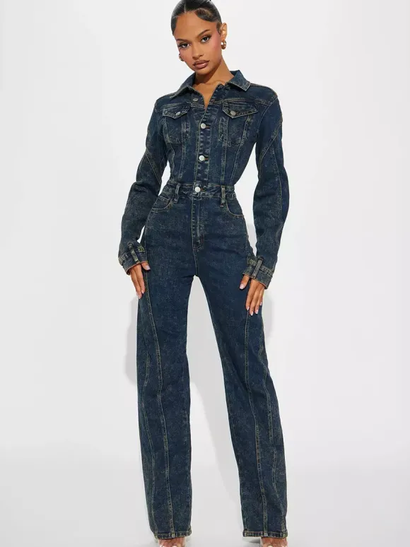 Long Sleeve Denim Jumpsuit For Women - Dark Wash Vintage Button Up Wide Leg Bodycon Playsuit - Spring Streetwear 2026