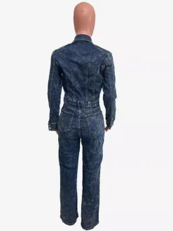 Long Sleeve Denim Jumpsuit For Women - Dark Wash Vintage Button Up Wide Leg Bodycon Playsuit - Spring Streetwear 2026
