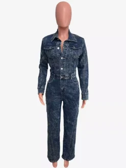 Long Sleeve Denim Jumpsuit For Women - Dark Wash Vintage Button Up Wide Leg Bodycon Playsuit - Spring Streetwear 2026