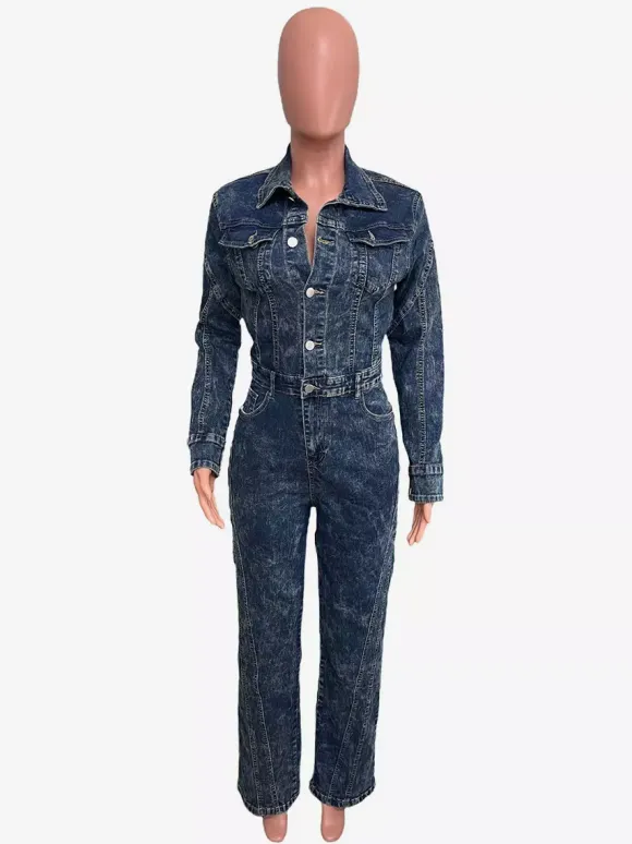 Long Sleeve Denim Jumpsuit For Women - Dark Wash Vintage Button Up Wide Leg Bodycon Playsuit - Spring Streetwear 2026