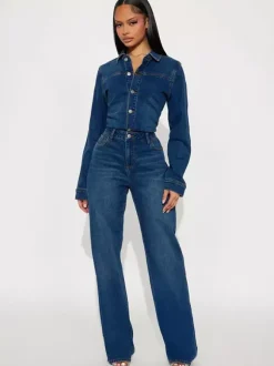Long Sleeve Denim Jumpsuit For Women - Dark Wash Vintage Slim Fit Straight Leg Button Up Jean Romper - Spring Outdoor 2026
