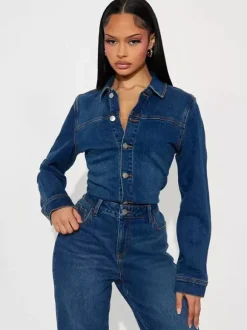 Long Sleeve Denim Jumpsuit For Women - Dark Wash Vintage Slim Fit Straight Leg Button Up Jean Romper - Spring Outdoor 2026