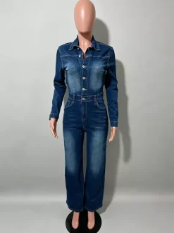 Long Sleeve Denim Jumpsuit For Women - Dark Wash Vintage Slim Fit Straight Leg Button Up Jean Romper - Spring Outdoor 2026
