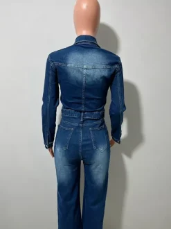 Long Sleeve Denim Jumpsuit For Women - Dark Wash Vintage Slim Fit Straight Leg Button Up Jean Romper - Spring Outdoor 2026