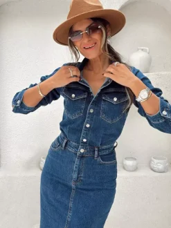 Long Sleeve Denim Midi Dress For Women - Blue Western Style Button Front Split Front Bodycon Jean Dress - Spring Daily Casual 2026