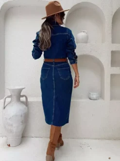 Long Sleeve Denim Midi Dress For Women - Blue Western Style Button Front Split Front Bodycon Jean Dress - Spring Daily Casual 2026