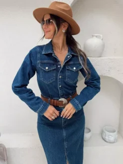 Long Sleeve Denim Midi Dress For Women - Blue Western Style Button Front Split Front Bodycon Jean Dress - Spring Daily Casual 2026