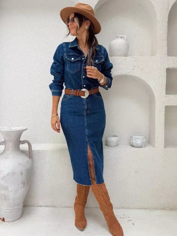 Long Sleeve Denim Midi Dress For Women - Blue Western Style Button Front Split Front Bodycon Jean Dress - Spring Daily Casual 2026