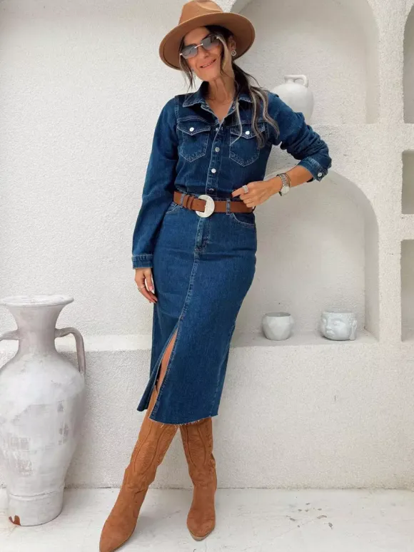 Long Sleeve Denim Midi Dress For Women - Blue Western Style Button Front Split Front Bodycon Jean Dress - Spring Daily Casual 2026