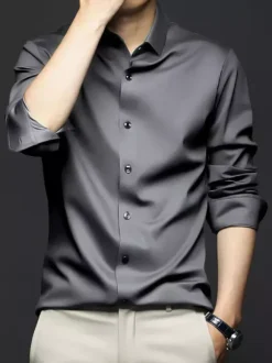 Long-Sleeved Shirts For Men Wrinkle-Free Ironing-Free Ice Silk Shirts