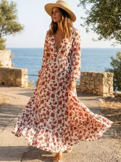 Long Sleeve Floral Maxi Gown - Pink Boho Flowy V Neck Ruffle Dress - Spring Holiday Beach 2026