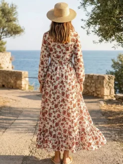 Long Sleeve Floral Maxi Gown - Pink Boho Flowy V Neck Ruffle Dress - Spring Holiday Beach 2026