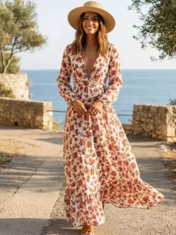 Long Sleeve Floral Maxi Gown - Pink Boho Flowy V Neck Ruffle Dress - Spring Holiday Beach 2026