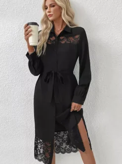 Long Sleeve Lace Trimmed Midi Shirt Dress With Belt And Side Slit For Autumn 2026
