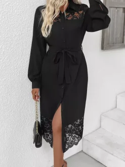Long Sleeve Lace Trimmed Midi Shirt Dress With Belt And Side Slit For Autumn 2026