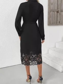 Long Sleeve Lace Trimmed Midi Shirt Dress With Belt And Side Slit For Autumn 2026