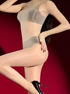 Long Sleeve Oil Gloss Sheer Full Body Bodystocking