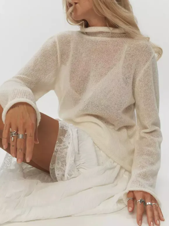 Long Sleeve See-through Knit Tops For Women 2026