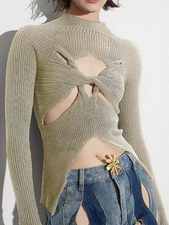 Long Sleeves Tees Black Cut Out Twisted High Collar T Shirt For Women