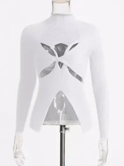 Long Sleeves Tees Black Cut Out Twisted High Collar T Shirt For Women