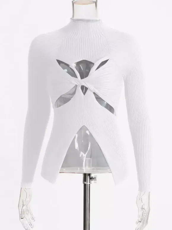 Long Sleeves Tees Black Cut Out Twisted High Collar T Shirt For Women