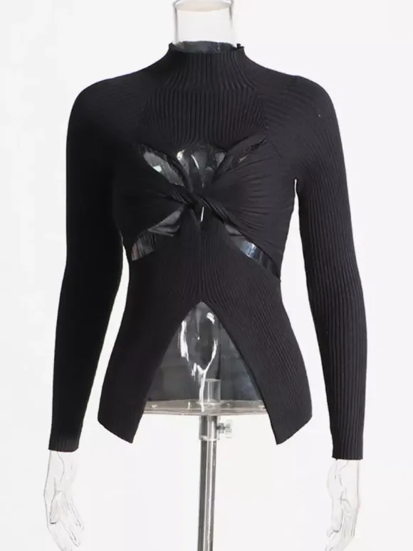 Long Sleeves Tees Black Cut Out Twisted High Collar T Shirt For Women