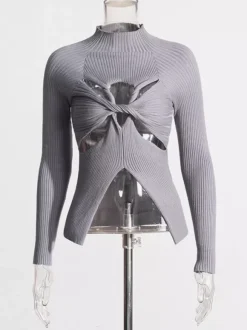 Long Sleeves Tees Black Cut Out Twisted High Collar T Shirt For Women