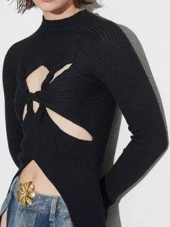 Long Sleeves Tees Black Cut Out Twisted High Collar T Shirt For Women