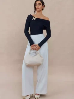 Long Sleeves Tees Black Pleated Off-The-Shoulder T Shirt For Women