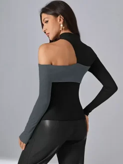 Long Sleeves Tees Black Polyester Color Block Asymmetrical Designed Neckline Women T Shirt