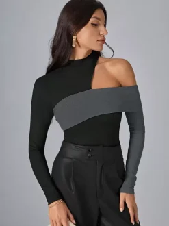 Long Sleeves Tees Black Polyester Color Block Asymmetrical Designed Neckline Women T Shirt