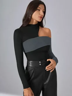 Long Sleeves Tees Black Polyester Color Block Asymmetrical Designed Neckline Women T Shirt