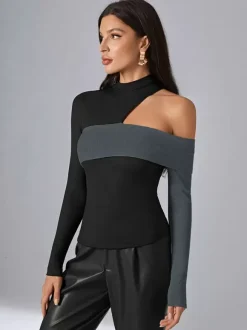 Long Sleeves Tees Black Polyester Color Block Asymmetrical Designed Neckline Women T Shirt