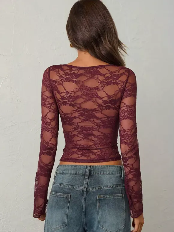 Long Sleeves Tees Burgundy Floral Print Lace Jewel Neck Lycra Spandex Tee Shirt For Women