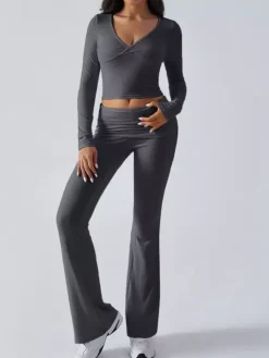 Long Sleeve Two Piece Outfits For Women - V Neck Slim Fit Crop Top And Flared Pants Yoga Set - Spring Gym Lounge 2026