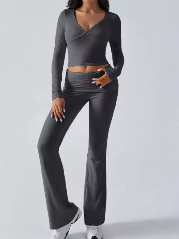 Long Sleeve Two Piece Outfits For Women - V Neck Slim Fit Crop Top And Flared Pants Yoga Set - Spring Gym Lounge 2026