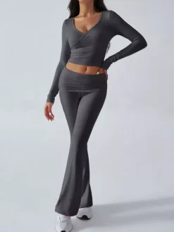 Long Sleeve Two Piece Outfits For Women - V Neck Slim Fit Crop Top And Flared Pants Yoga Set - Spring Gym Lounge 2026
