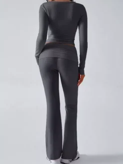 Long Sleeve Two Piece Outfits For Women - V Neck Slim Fit Crop Top And Flared Pants Yoga Set - Spring Gym Lounge 2026