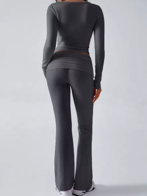 Long Sleeve Two Piece Outfits For Women - V Neck Slim Fit Crop Top And Flared Pants Yoga Set - Spring Gym Lounge 2026