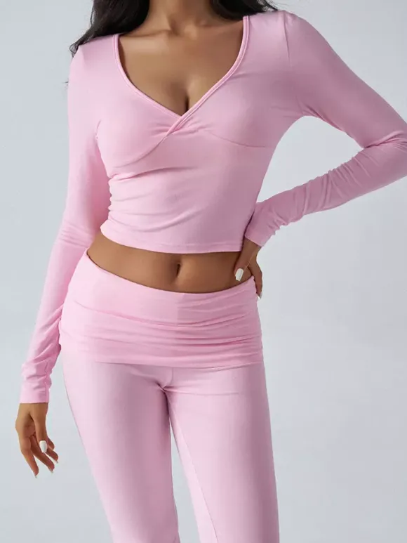 Long Sleeve Two Piece Outfits For Women - V Neck Slim Fit Crop Top And Flared Pants Yoga Set - Spring Gym Lounge 2026