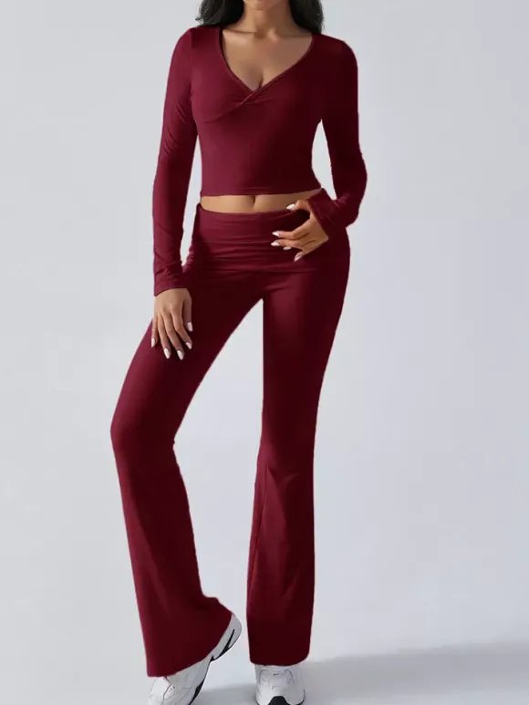 Long Sleeve Two Piece Outfits For Women - V Neck Slim Fit Crop Top And Flared Pants Yoga Set - Spring Gym Lounge 2026