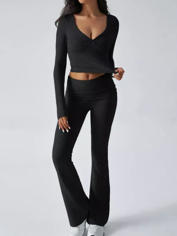 Long Sleeve Two Piece Outfits For Women - V Neck Slim Fit Crop Top And Flared Pants Yoga Set - Spring Gym Lounge 2026
