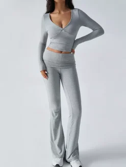 Long Sleeve Two Piece Outfits For Women - V Neck Slim Fit Crop Top And Flared Pants Yoga Set - Spring Gym Lounge 2026