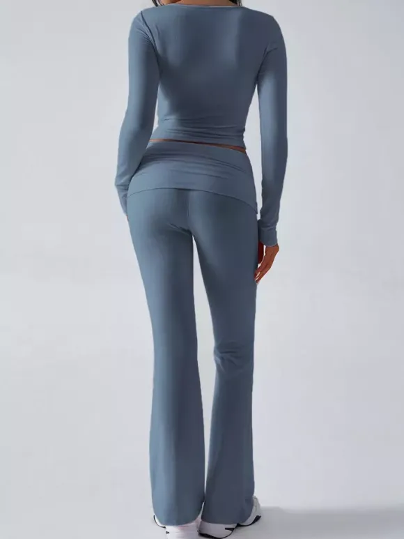 Long Sleeve Two Piece Outfits For Women - V Neck Slim Fit Crop Top And Flared Pants Yoga Set - Spring Gym Lounge 2026