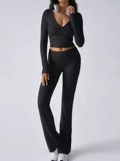Long Sleeve Two Piece Outfits For Women - V Neck Slim Fit Crop Top And Flared Pants Yoga Set - Spring Gym Lounge 2026