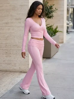 Long Sleeve Two Piece Outfits For Women - V Neck Slim Fit Crop Top And Flared Pants Yoga Set - Spring Gym Lounge 2026
