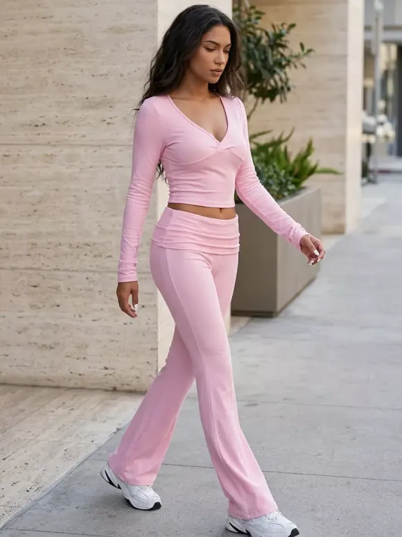 Long Sleeve Two Piece Outfits For Women - V Neck Slim Fit Crop Top And Flared Pants Yoga Set - Spring Gym Lounge 2026