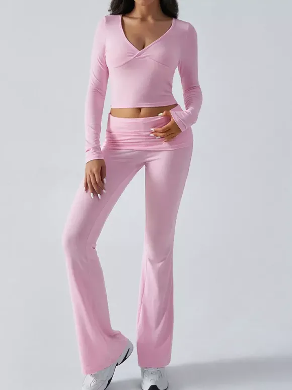 Long Sleeve Two Piece Outfits For Women - V Neck Slim Fit Crop Top And Flared Pants Yoga Set - Spring Gym Lounge 2026