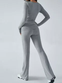 Long Sleeve Two Piece Outfits For Women - V Neck Slim Fit Crop Top And Flared Pants Yoga Set - Spring Gym Lounge 2026